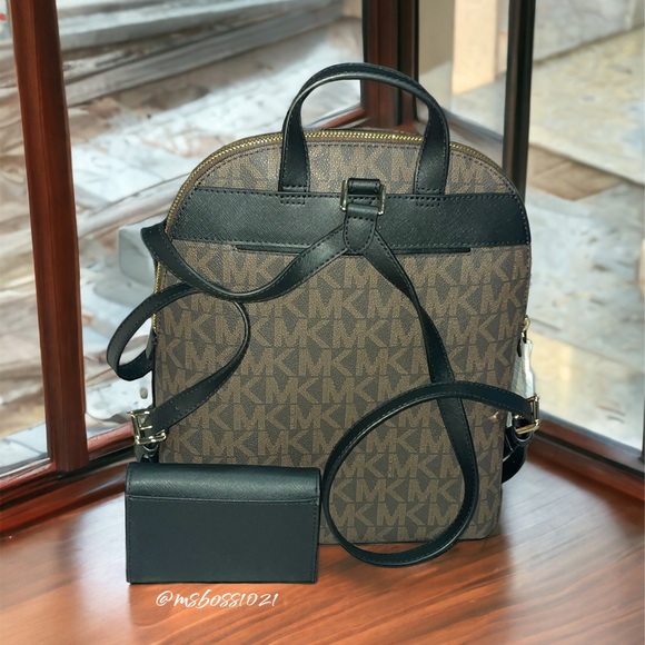Michael Kors Dallas Medium Backpack Brn/Blk + Wallet Black NWT